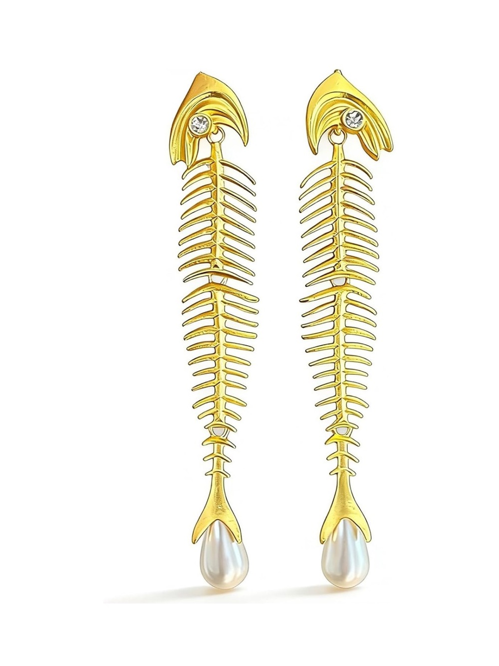 Gold Fish Bone Pearl Drop Earrings | Statement Dangle Earrings | Coastal Chic